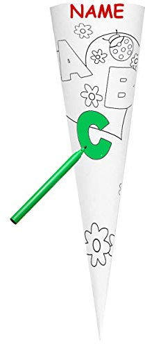 alles-meine.de GmbH Schultüte - Rohling/Bastelschultüte zum Bemalen - lustige Buchstaben & Marienkäfer - ABC - 50 cm - OHNE Tüll/Filz Abschluß - rund - incl. Name - Tüllabsch..
