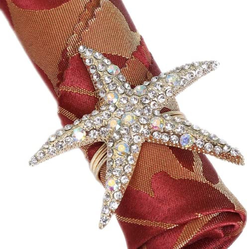 Allinlove Serviettenringe mit Seestern-Motiv – Set mit 6 Strass-Steinen im Ozeanküsten-Stil für Hochzeit, Party, Strand, Tischdekoration, Bankett, Abendessen, Tischzubehör