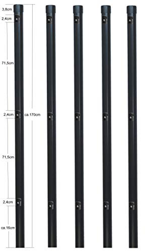 5 Stück Zaunpfosten Ø 34 mm Zaunpfahl 1700mm lang als Pfosten für 1,5m hohen Metallzaun aus Maschendraht in grau anthrazit RAL 7016. Zaunpfahl mit 3 Halter für Spanndraht und Pfosten Kappe.