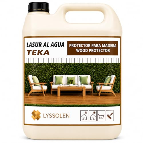 LYSSOLEN Lasure Protectrice Bois Extérieur et Intérieur | À l'Eau, Microporeux, Satinée Couleur Teck | Imperméabilisant avec Filtre UV pour Terrasses, Clôtures, Poutres et Meubles | 1 Litre