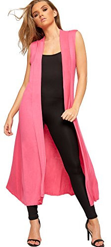 WearAll Giacca da donna senza maniche maxi lunga boyfriend cardigan colletto lungo fluttuante spolverino cappotto blazer gilet, Ciliegia, 48/50 (plus)