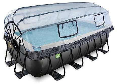 EXIT Toys Black Leather Pool mit Abdeckung - 400x200x100cm - Großer, Rechteckiger Rahmenpool mit Sandfilterpumpe und Poolleiter - Extra Tief - Für Sauberes und Warmes Poolwasser - Schwarz