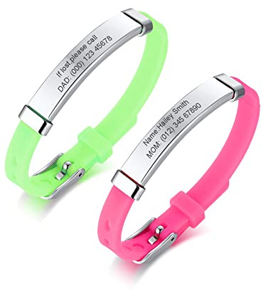 PJ JEWELLERY Notfallarmband SOS Armband Kinder Personalisierte - 2 Stück Edelstahl Silikonband Sicherheitsarmband Gravur Kleinkind Anti-Verlust Armbänder für Kinder Notfall Armband für Mädchen Jungen