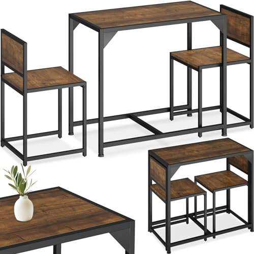 tectake Sitzgruppe 3-teilig im Industrie-Design, Essgruppe für 2 Personen aus Holz + Metall, Esszimmer Set mit Esstisch und 2 Stühlen, schwarzes Metallgestell (Industrial Dunkelbraun)
