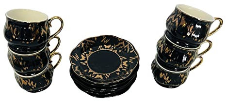 Bavary Designer Espressotassenset für 6 Personen Tassen Geschirr Tafel Set Mokkatassen 6X Tassen + 6X Untertasse aus Porzellan Schwarz-Gold Retro Style Kaffeegedeck