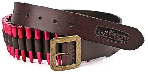Tourbn TOURBON Patronengürtel aus echtem Leder, 9 mm/.38 Munitionshalter, Verstellbarer Waffenriemen, XL-Größe, Braun, 134*5cm