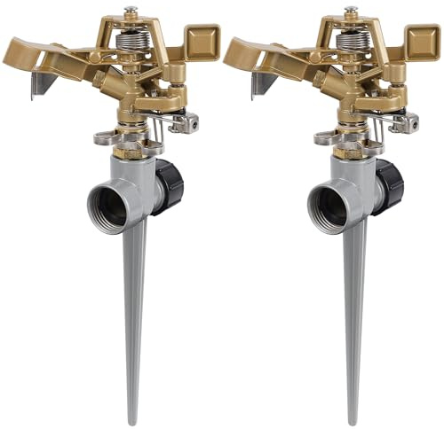 Biswing 2 Pack Brass Impact Sprinklers with Stand (Spike), Heavy Duty Lawn Sprinkler Head on Zinc Alloy Spike Base, Adjustable Watering Sprinkler for Large Area Grass Yards Patio Garden Irrigation