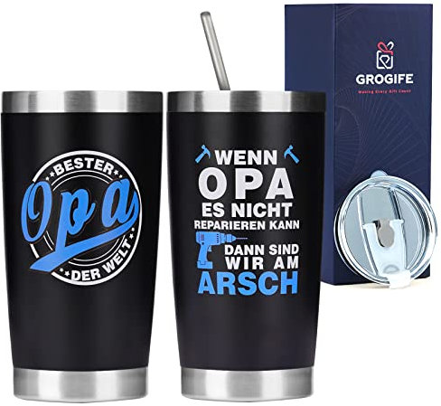 Bester Opa Geschenke Geburtstagsgeschenke, Geschenkideen für Opi Großvater von Enkel, Lustige Thermobecher mit Spruch, Edelstahl Kaffeebecher Becher to go Tasse 600ml