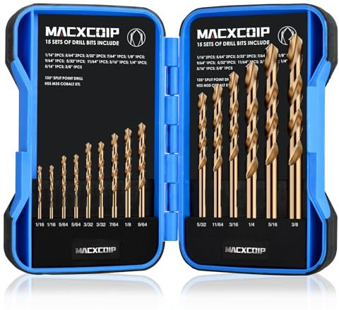 MACXCOIP Kobalt-Bohrer-Set, 15-teilig, M35 Hochgeschwindigkeitsstahl, Bohrer-Kit für gehärtetes Metall, Edelstahl, Gusseisen, Holz und Kunststoff, mit Index-Aufbewahrungskoffer, 1/16 Zoll - 3/8 Zoll