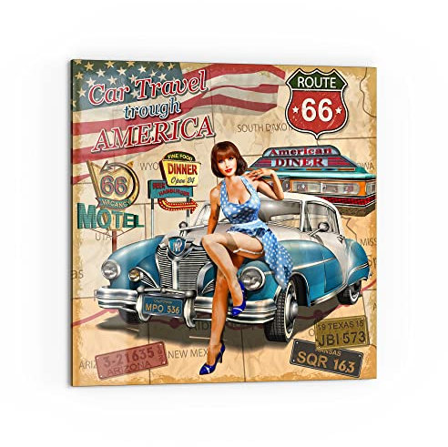 DEQORI Küchenrückwand Glas | Motiv Route 66-Plakat | 60x60 cm | Bad- oder Herd-Rückwand | Herdblende Spritzschutz für Küche & Badezimmer | Moderne Deko für Fliesenspiegel