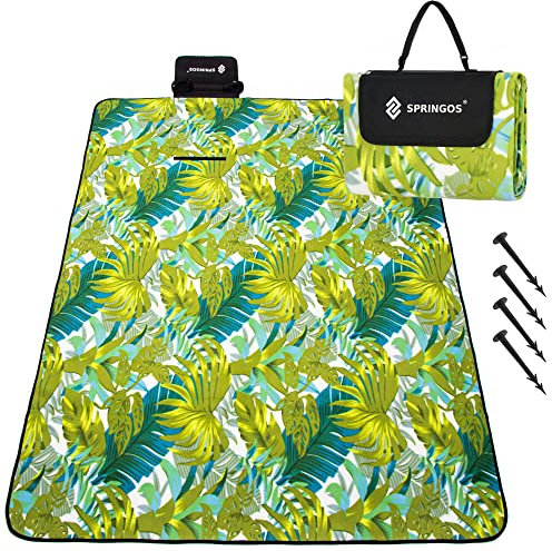 SPRINGOS Picknickdecke 200x200 cm mit Polar- und Aluminium-Isolierung, wasserabweisend, leicht & kompakt, Verstellbarer Tragegriff, 4 Bodenanker, trendiges Blättermuster, Camping und Garten
