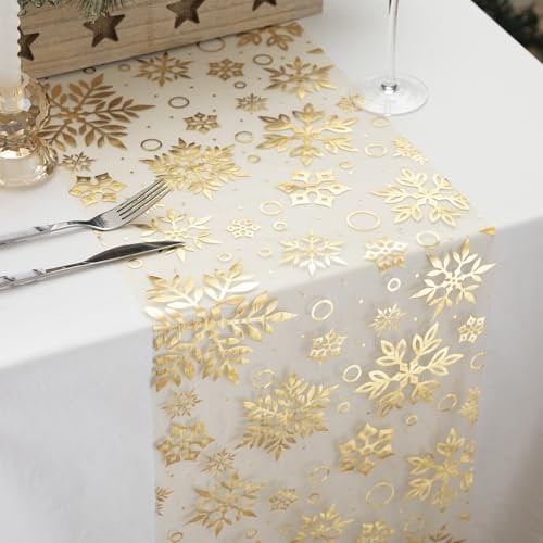 WELTRXE Weihnachts-Tischläufer in Gold mit Schneeflockenmuster, 28 cm x 10 m, eleganter Organza-Tischläufer, Dekoration für Party, Geburtstag, Weihnachten, Heimwerken, Einpacken
