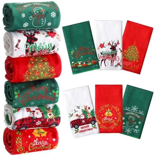 6 Stück Weihnachten dekorative Handtücher bestickt Weihnachtsmann Rentier Schneemann Weihnachtsbaum Geschirrtücher Stoff Badezimmer Handtücher für Zuhause Küche Badezimmer Reinigung (Retro-Stil)