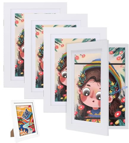Atildp 4 STÜCK A4 Bilderrahmen 21x30cm, bilderrahmen kinderzeichnungen hölzerner Fotorahmen | Befüllbarer Klapprahmen zur Aufbewahrung & Darstellung von Kunstwerken (Weiß)