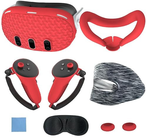 7-Piece Accessory Set for Meta Quest 3, Anti-Scratch VR Shell Cover, Face Cover, Button Rocker Caps, Lens Protective Cover, Wiping Cloth, Eye Mask (Red)