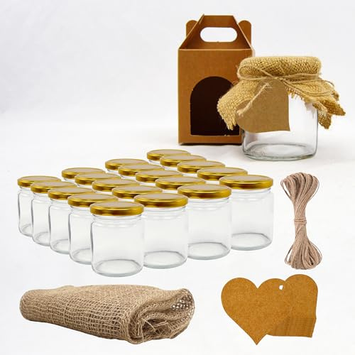 Set 20 Vasetti di Vetro Rotondi 250 ml con Coperchio + 20 Scatole – Barattoli Regalo per Marmellata, Conserve e Miele | Espirito Rebelde