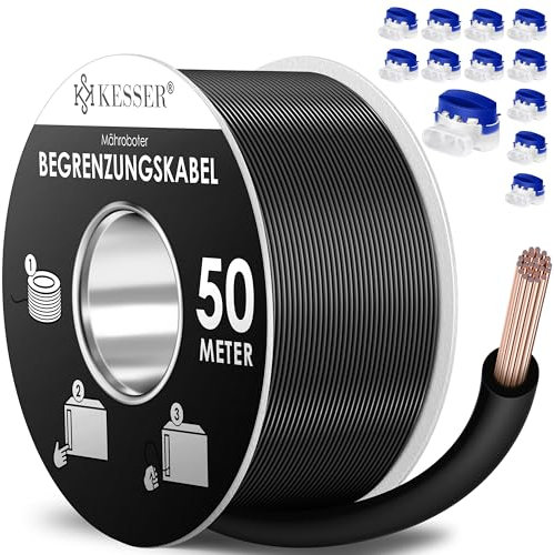 KESSER® Begrenzungskabel 50m + 12 Kabelverbinder für Mähroboter Rasenmäher Rasenroboter Zubehör Set Begrenzungsdraht Universal für Suchkabel kompatibel mit Gardena/Bosch/Worx/Einhell/Honda/ROBOMOW