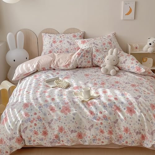 Yaofeiou Rosa Blumen Muster Bettwäsche 135x200 Baumwolle Bettbezug für Mädchen Jugendliche Weiß Rosa Wendebettwäsche mit Reißverschluss und 1 Kissenbezug 80x80