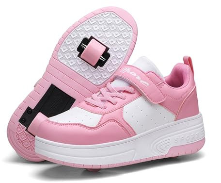 Schuhe mit Rollen für mädchen Jungen Einzelrad/Doppelrad Verstellbare Rollschuhe Schuhe Einziehbar Turnschuhe mit Rollen für Kinder Roller Skate Shoes für Outdoor-Sportarten,Rosa,34EU