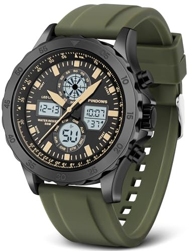 Orologio Uomo Sportivo Militare Impermeabile Analogico Digitale in Acciaio Inossidabile con Sveglia, Cronometro, LED, Suoneria Oraria - Multifunzione (Marrone-Verde)