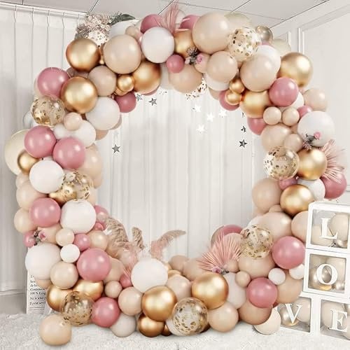 Kit d'arche de ballons rose poudré 111 pièces, ballons rétro en latex rose poudré, or rose, ivoire, blanc