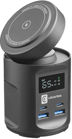 Cellularline - MAG HUB - Station di ricarica Magsafe wireless multiporta - 2 porte USB-A 22.5W - 2 porte USB-C 65W - Carica Wireless per iPhone 7.5W - Pad Wireless rotabile 180° - Nero
