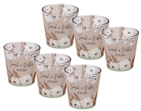 ZauberDeko Windlicht Banderole Taupe Braun Boho Beige Creme Pampas Gräser Kerzenglas Votivglas Hochzeit Geburtstag PERSONALISIERT 7,5cm Hoch, Menge:6 Stück
