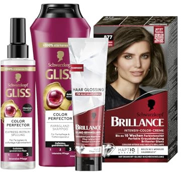 Brillance Intensiv-Color-Creme 877 Asch-Hellbraun (170 ml) & Glanz-Behandlung Haar, Glossing Neutral (150 ml) & Gliss Shampoo (250 ml) & Express-Repair-Spülung Colour Perfector (200 ml)