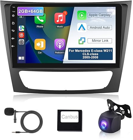 2G 64G Android Autoradio pour Mercedes-Benz W211 W219 Classe E/CLS Classe 2005-2008 Carplay Android Auto, Poste Radio écran Tactile 9 Pouces, Navigation GPS WiFi Bluetooth, Radio FM RDS, Caméra 2 Din