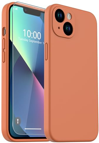 CASELIVE for iPhone 13 Case, Liquid Silicone Case with [Tempered Glass Screen Protector] Full Body Shockproof Soft Anti-Scratch Microfiber Lining Phone Case for iPhone 13 6.1 inch(Orange)