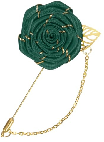 M METERXITY Broche Rose Épingle Tissu Rose Fleur Vert Foncé | avec Feuille d'Or Broche, Hommes Accessoires Mariage/Costume Corsage Smoking Fête Mariage