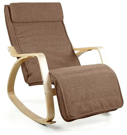 Brigros WeHome Swing Amor Fauteuil à Bascule avec accoudoirs en Bois, Rocking Chair, Fauteuil à Bascule avec Repose-Pieds réglable, Fauteuil Salon, Chaise de Chambre à Coucher (Bouclé, Marron)