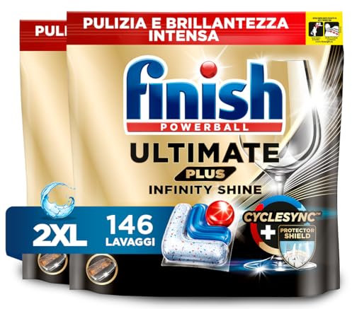 Finish Ultimate PLUS Infinity Shine Capsule Lavastoviglie, 146 Capsule, Detergenti per Lavastoviglie contro lo Sporco e i Residui Incrostati (Confezione da 2)