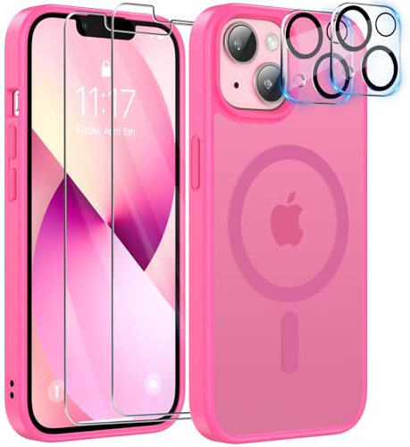 YisrLery Magnetica Cover iPhone 13 con 2 Vetro Temperato e 2 Vetro Fotocamera, Compatibile Mag Safe Hard PC Anti-Graffio Protettiva Case Antiurto Custodia con Bumper TPU (Rossa Rosa)
