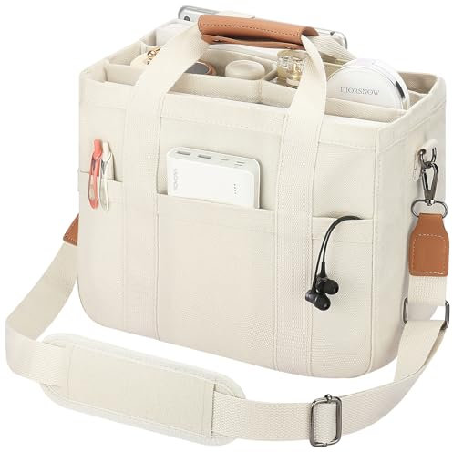 Mossio Large Canvas Tote Bag for Women with Multi Pockets - Laptop Crossbody Shoulder Handbag Everyday Tote with Compartments, 01-beige, 14.37L x 6.3W x 18.5H