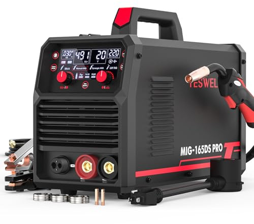 YESWELDER Soldador MIG de 165 A, núcleo de flujo MIG/Gas MIG/Lift TIG/Stick 4 en 1 máquina de soldadura multiproceso, pantalla digital LED, control sinérgico de 110 V/220 V, voltaje dual MIG-165DS PRO