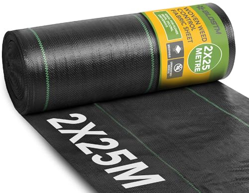 BLOSTM Gewebte Unkrautbekämpfungsmembran - 2m x 25m Rolle | Gartenmembran Unkrautbekämpfung strapazierfähig für Kies oder Grasunterlage