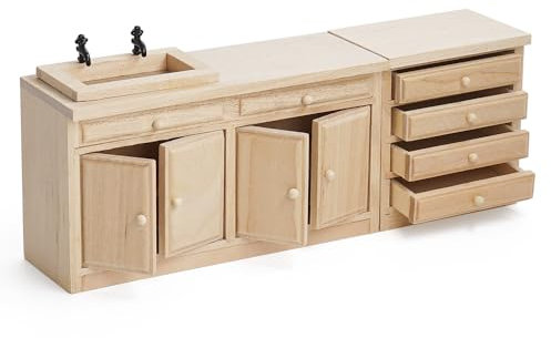 Odoria Puppenhaus Spüle Küchentheke Miniatur : 1/12 Maßstab Tisch mit Waschbecken Schublade für Vintage Restaurant Speisekammer Antik Retro - Mini Küche Möbel Unlackiert Holz 2Stk
