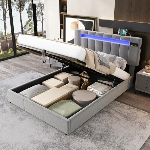 Laxnb Double Bed 4ft6 Upholstered Bed Frame 135x190cm with Storage, Headboard with LED-light Bluetooth stereo and USB port, Ottoman Bed Hydraulic Storage Bed Frame with Slats, Velvet Grey, No Mattress