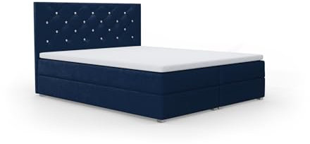 FurniDe24 Boxspringbett mit 2 Bettkästen und Taschenfederkernmatratze H3, Bett mit Zierknöpfen am Kopfteil, Topper-Matratze 3cm, verstärkter Rahmen, dunkelblau Plüsch, 180x200cm - Fano