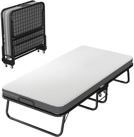 Tcewhhy Gästebett Klappbar 90x190 cm Komfortables und Platzsparendes Gästebett mit 10 cm Schaumstoffmatratze, Robuster Metallrahmen und 4 Laufrollen, Belastbar bis 200 kg