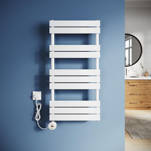ZANOFIRA Smart WiFi Electric Flat Panel Heated Towel Rail with UK Plug, 600W White Bathroom Towel Warmer with LCD Thermostat, Overheat Protection & Adjustable Temperature Control, 1000x500mm