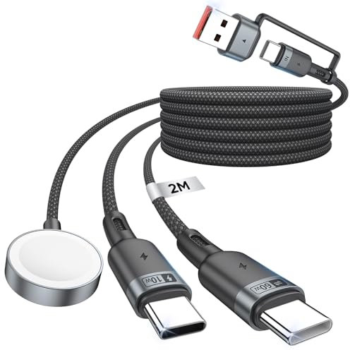 SUNGUY Cavo di A-pple W-atch Caricatore - Cavo USB C 3 in 2, 2M, 60W USB C Multi Ricarica di A-pple W-atch Type-C, Compatibile con iWatch Ultra 2/SE 2/10-1, con iPhone 16/15 Max Plus, iPad, AirPods