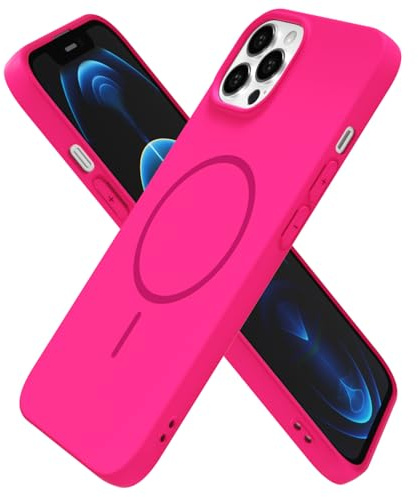 oakxco for iPhone 12 Pro Max Case Silicone Mag Safe, Magnetic Slim Thin Phone Case Compatible with Magsafe Wireless Charging, Cute Girly Bright Fluorescent Rubber Gel for Women Girls, Neon Hot Pink
