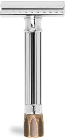 MERKUR Einstellbarer Rasierhobel 500C - Antik | Glanzchrom/Messing | Zweiteiliger Premium Rasierer mit geradem Schnitt | Ideal für Nassrasur | Zinkdruckguss | Messing Griffstück | Made in Germany