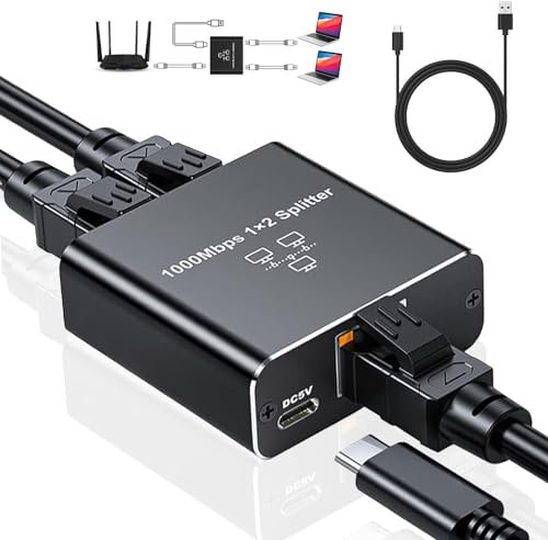 Splitter LAN da 1 a 2, 1000 Mbps di rete Ethernet, switch LAN 2 porte, adattatore di distribuzione LAN con cavo di alimentazione di tipo C, Gigabit per PC, laptop, router, Smart TV, Gaming Console