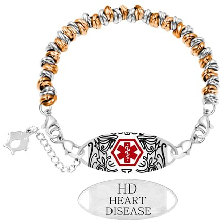 Zircobic Roségold und Silberfarbenes Zwei-Ton Herzkrankheit Medizinisches Beaded Armband – Edelstahlgraviertes Medizinisches ID-Tag, Leicht und Bequem, Geeignet für Reisen, Alltag und Fitness
