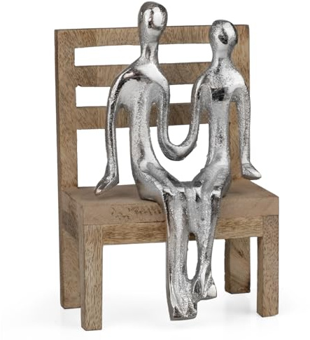 Moritz Moderne Dekofigur Paar auf Holzbank silberfarben Aluminium-Figur 15,5 cm Skulptur abstrakt Liebe Zweisamkeit Partnerschaft Deko Wohnzimmer Regal Tisch Dekofigur
