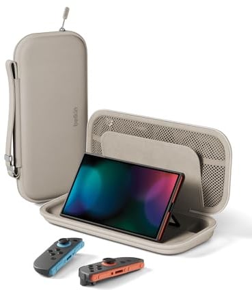 Belkin Gaming Pochette de transport pour Nintendo Switch 2 (compartiments pour AirTag et cartes de jeux, étui léger et portable avec coque de protection et revêtement intérieur doux au toucher, Beige)