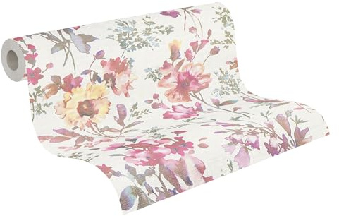 livingwalls CosmoLiving Non-Woven Wallpaper with Floral Design in White, Metallic, Green, Bright Pink Yellow – 10,05 x 0,53 m Floral Wallpaper by Cosmopolitan – 790611